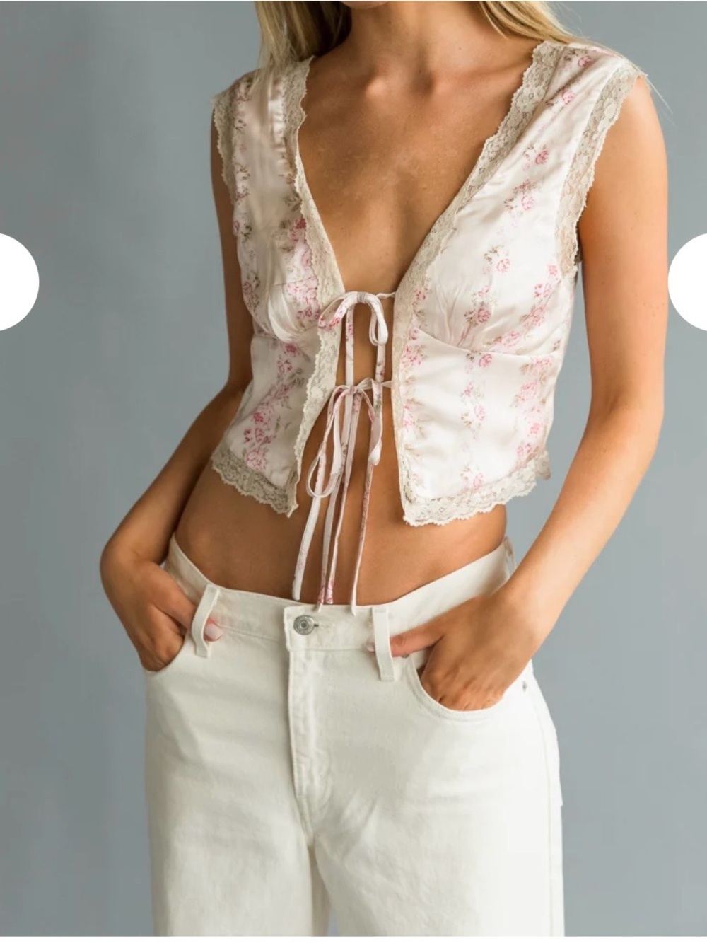 Cotton Candy LA Floral Satin Lace Trim Tie Front Top